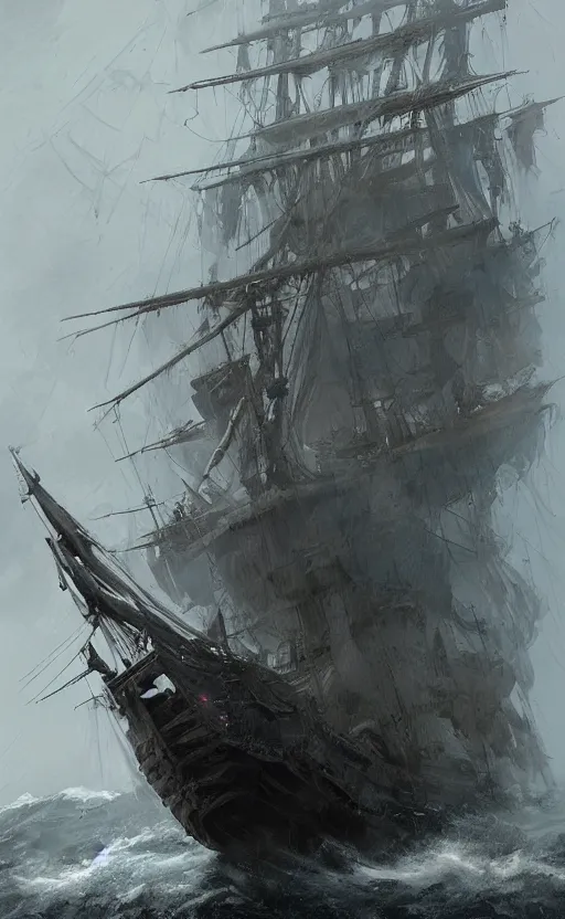 Prompt: pirate ship from the side in a storm, soft grey and black natural light, intricate, digital painting, artstation, concept art, smooth, sharp focus, illustration, art by greg rutkowski and luis rollo and uang guangjian and gil elvgren, symmetry!