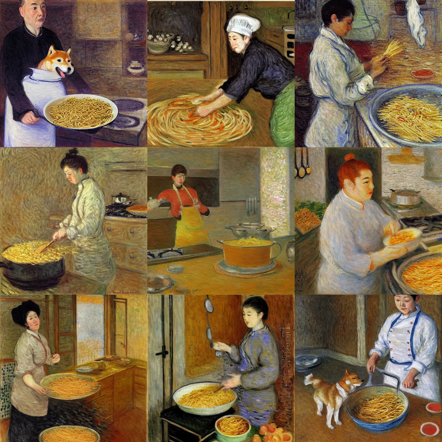 Prompt: shiba inu cooking pasta in a modern kitchen, digital art, claude monet