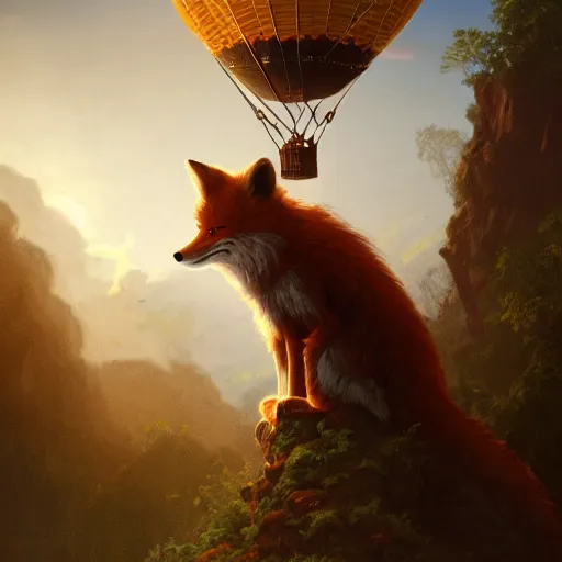 Prompt: anthropomorphic fluffy fox look like Indiana jones on the hot air balloon at night, clouds around, DnD character, unreal engine, octane render, dramatic lighting, pond, digital art, by Stanley Artgerm Lau, greg rutkowski, thomas kindkade, alphonse mucha, loish, norman Rockwell,