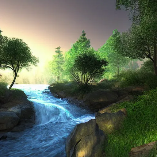 Prompt: a beautiful landscape, river, rocks, trees, volumetric lighting