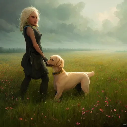 Image similar to blond chiweenie and blond goldendoodle, field of flowers, oil painting, Tooth Wu, Greg Rutkowski, RPG portrait, dynamic lighting, fantasy art, High contrast, depth of field