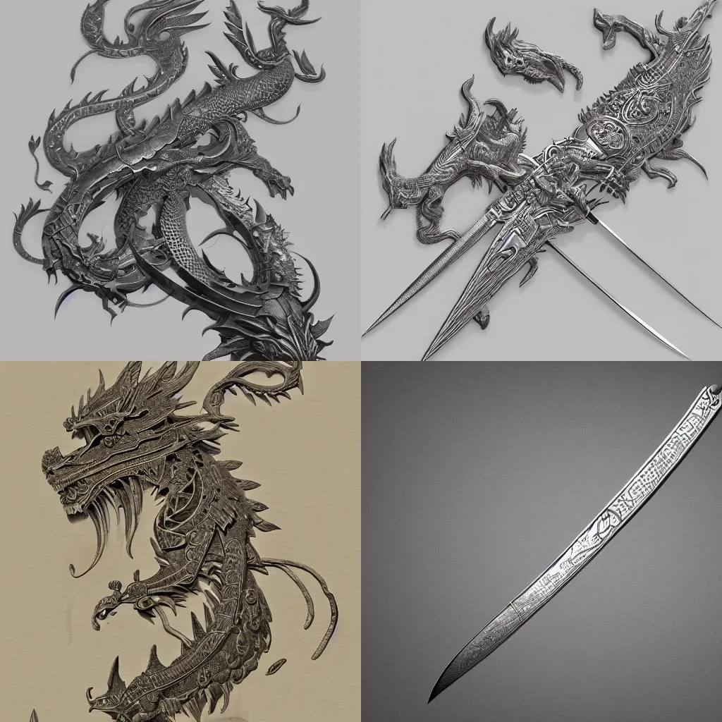 Prompt: beeple, fine intricate engraving on the blade of a sword, maya render, chinese dragon engrave, ellen jewett