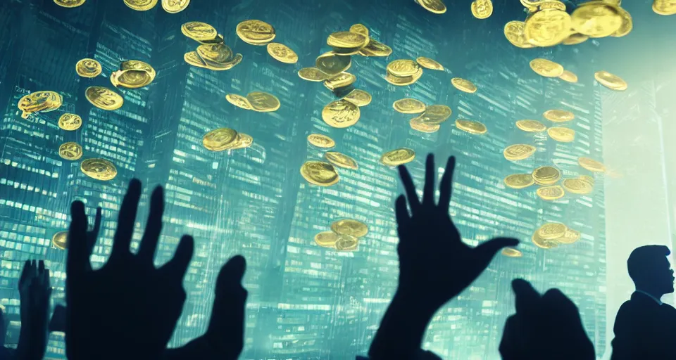 Image similar to Dramatic photo of a CEO waving to silhouettes of his coworkers in a futuristic office. Golden coins are levitating all around them. 8k, high detail, trending on Artstation, volumetric lighting, cyberpunk