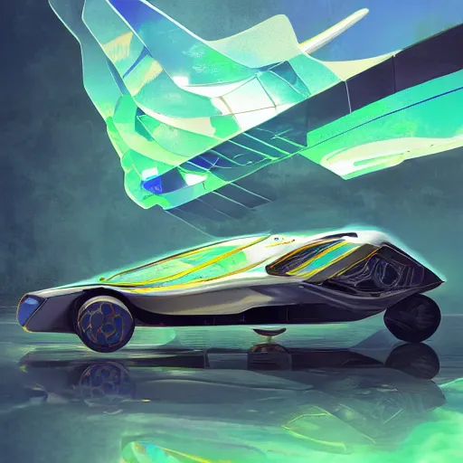 Image similar to solarpunk hovercar, clean energy, green technology, batoidea shape, airspace, sunny day, futurism, intricate, engines, autonomous, highly detailed, peaceful, utopia, bright, digital painting, advanced, artstation, concept art, smooth, sharp focus, epic landscape, art by akihiko yoshida and tim mcburnie and anato finnstark