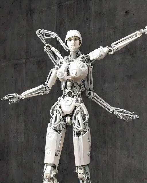 Image similar to sculpture of female angel with solarpunk mecha humanoid robotic parts with bright led lights, pudica pose gesture, by michelangelo, ultra - realistic and intricate, hdr 8 k