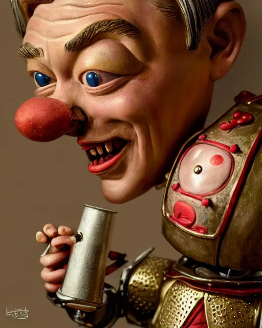 Image similar to highly detailed closeup, face profile portrait of a tin toy leonardo dicaprio as a medieval goblin eating cakes in a castle, hyper realistic, artstation, illustration, nicoletta ceccoli, mark ryden, lostfish, dan decarlo, bob clampett, max fleischer, digital paint, matte paint, vivid colors, detailed and intricate environment