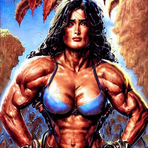 Prompt: muscular beautiful salma hayek wearing armor tombow artwork greg staples , dug stanat, norman rockwell , christophe young eytan zana , rumiko takahashi