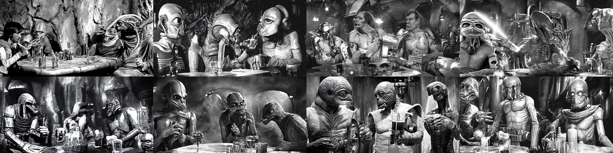 Prompt: still of two aliens having a drink in Mos Eisley Cantina!!!! in Star Wars (1977). tatooin. sandy. smoke. aliens species. tavern atmosphere