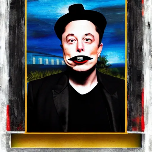 Prompt: grim-hatter elon musk with evil mustache grinning, cinematic, dark oil paint, realistic flavor, decaying rich colors!, photograph by elon musk