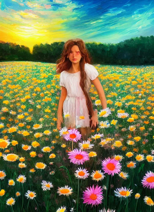 Image similar to girl face made of giant daisies, standing in a flower field, holding flowers, surreal photography, sunset dramatic light, impressionist painting, colorful clouds, large sky, digital painting, artstation, simon stalenhag