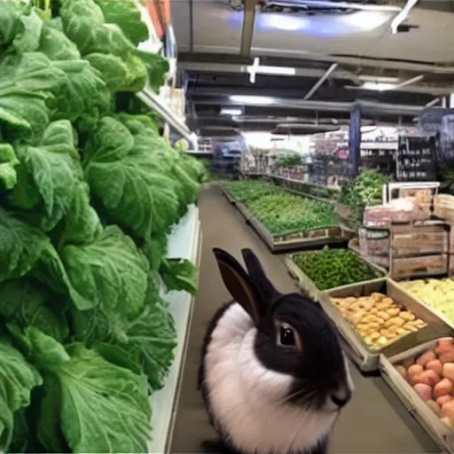 Prompt: a rabbit caught on security camera breaking into a vegetable store