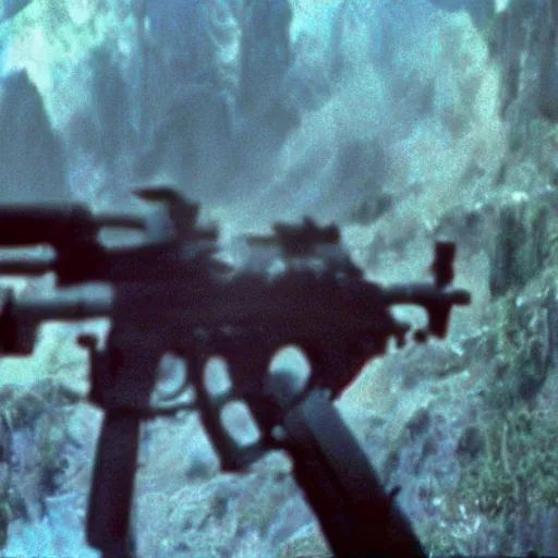 Image similar to film still, extreme far view, emma watson vietnam door gunner, film still from apocalypse now ( 1 9 7 9 ), 2 6 mm, kodak ektachrome, blue tint expired film,