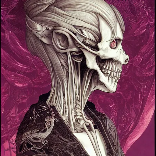 Image similar to anime manga skull profile young woman skeleton, elf, lotr, galadriel, Tolkien, unreal engine, intricate, elegant, highly detailed, digital art, art by JC Leyendecker and sachin teng