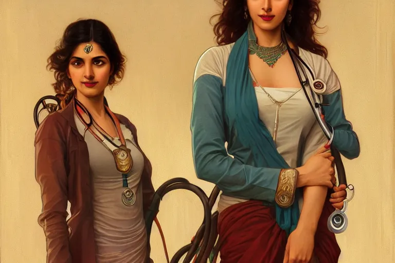 Image similar to sensual pale beautiful indian doctor in jeans with stethoscope, art deco portrait, elegant, intricate, digital painting, artstation, concept art, smooth, sharp focus, illustration, art by artgerm and greg rutkowski and alphonse mucha