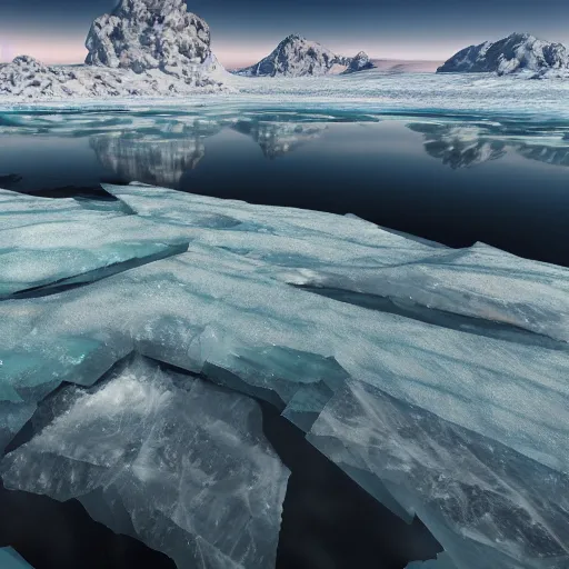 Prompt: A frozen tundra, with jagged mountains and icy rivers, where the only warmth is the aurora borealis, rendered in Unreal Engine.