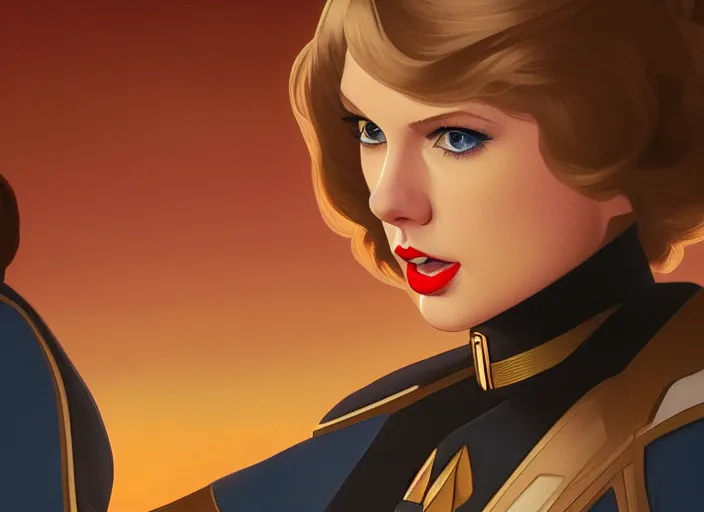 Image similar to a disney film still of taylor swift as a star trek officer, finely detailed features, closeup of the face, perfect art, dusk, blue hour, gapmoe yandere grimdark, trending on pixiv fanbox, painted by greg rutkowski, makoto shinkai, takashi takeuchi, alphonse mucha, akihiko yoshida