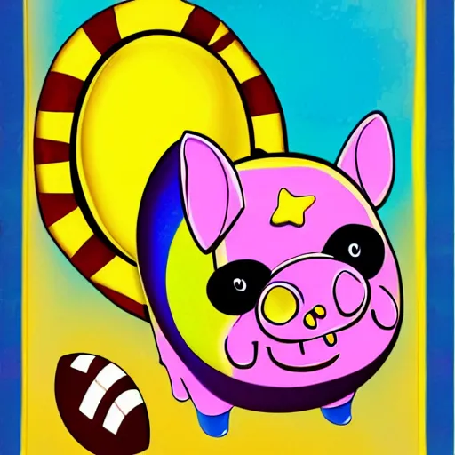 Image similar to lisa frank dashing pig wearing a simple gold throwing a football in the style of Andy J Pizza