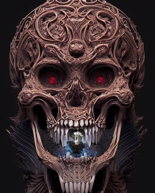 Image similar to 3 d ornate carved dracula with tattoos profile portrait, sigma 5 0 0 mm f / 5. beautiful intricate highly detailed quetzalcoatl skull. bioluminescent, plasma, lava, ice, water, wind, creature, thunderstorm! artwork by tooth wu and wlop and beeple and greg rutkowski, 8 k trending on artstation