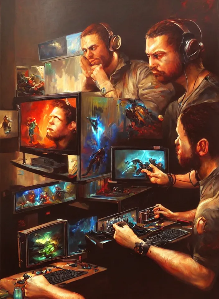 Image similar to Portrait of men playing video games on CRT television using Atari joysticks. Painting by Raymond Swanland. Intricate details. hyper realism. Masterpiece.