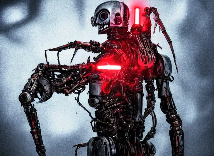 Image similar to portrait photo of general grievous with heavy duty biomechanical cybernetic body with 4 arms holding 4 activated red lightsabers in the rain. cyberpunk horror style.