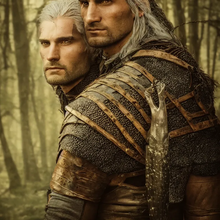 Image similar to portrait photo of a male warrior, in a forest, witcher style, highly detailed 8 k. lifelike. soft light. nikon d 8 5 0. cinematic post - processing, poster