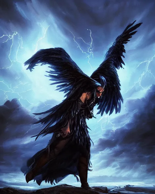 Prompt: oil painting of Anthropomorphized Elemental Raven casting spell, magical runes flying, wearing fur cloak, sharp focus, lightning storm background, magical aura, heroic pose, fantasy style, octane render, volumetric lighting, 8k high definition, by greg rutkowski, highly detailed, trending on art Station, magic the gathering artwork, Thunderstorm background, centered, dramatic artwork