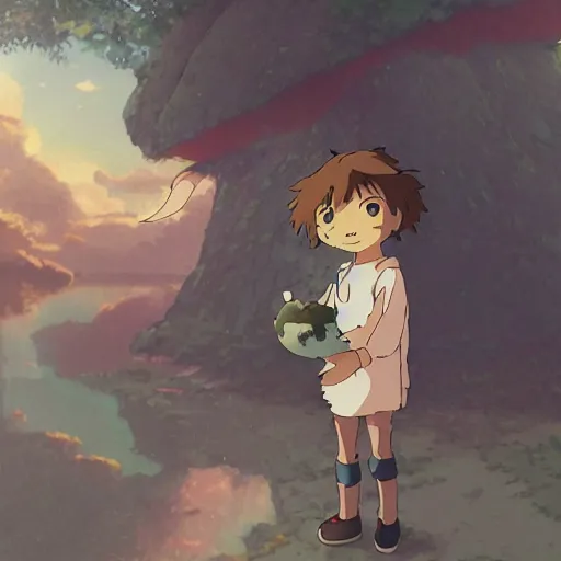 Prompt: friendly guy with small creature in the studio ghibli movie art smooth 8k highly detailed, detailed face, beautiful scene,details, anime style, art