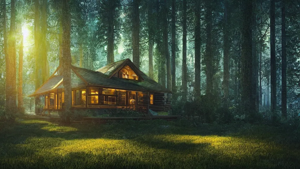 Prompt: portrait of an ethereal log cabin made of golden light, evergreen forest made of green and blue light, divine, cyberspace, mysterious, dark high-contrast concept art