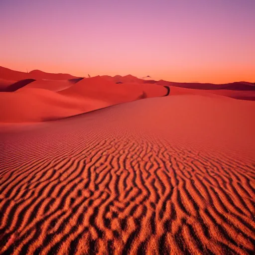 Image similar to endless desert dunes in front of a pink sky, surreal,