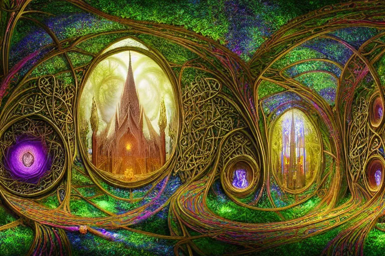 Image similar to a beautiful and highly detailed digital painting of an elven cathedral in a beautiful garden in a mystical forest, psychedelic colors, celtic, intricate psychedelic patterns, intricate details, epic scale, insanely complex, cgsociety, 8 k, sharp focus, hyperrealism, by alex grey, caspar friedrich, albert bierstadt, james gurney, brian froud,