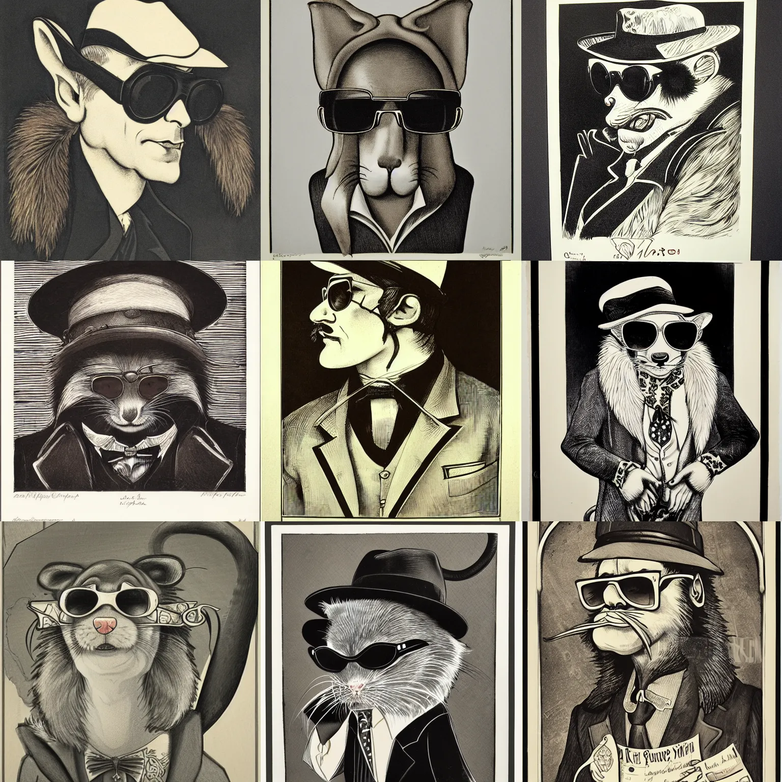 Prompt: realistic detailed Art Nouveau lithograph portrait of an anthropomorphic gangster rat wearing sunglasses and a mafia-style hat, long fur