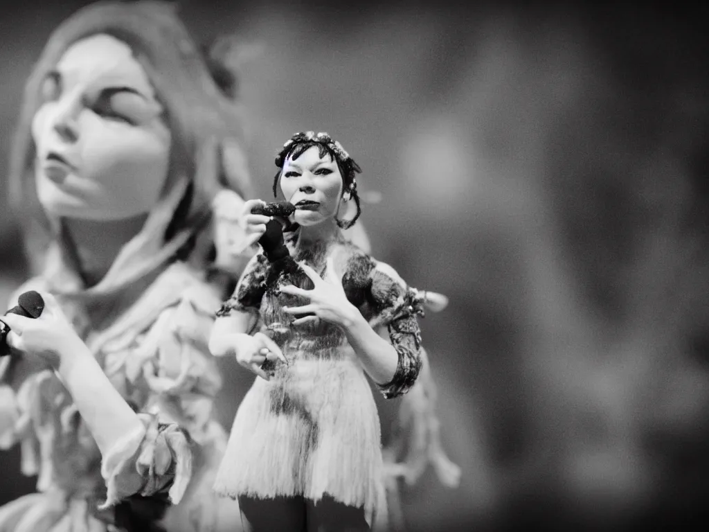 Image similar to a cinematic film still of a claymation stop motion film, bjork in concert, shallow depth of field, 8 0 mm, f 1. 8