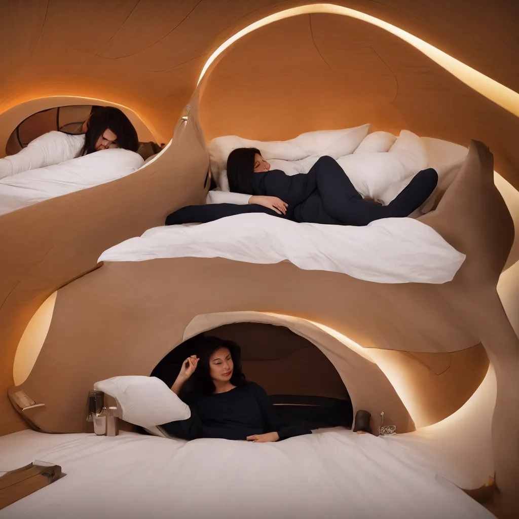 Image similar to inside cozy luxurious curved sleep-pod with wall to wall padding and sound system, amber ambient lighting, atmospheric, seductive, XF IQ4, 150MP, 50mm, F1.4, ISO 200, 1/160s, dawn