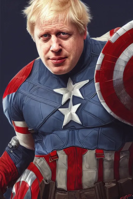 Image similar to Boris Johnson as Captain America, realistic portrait, symmetrical, highly detailed, digital painting, artstation, concept art, smooth, sharp focus, illustration, cinematic lighting, art by artgerm and greg rutkowski and alphonse mucha