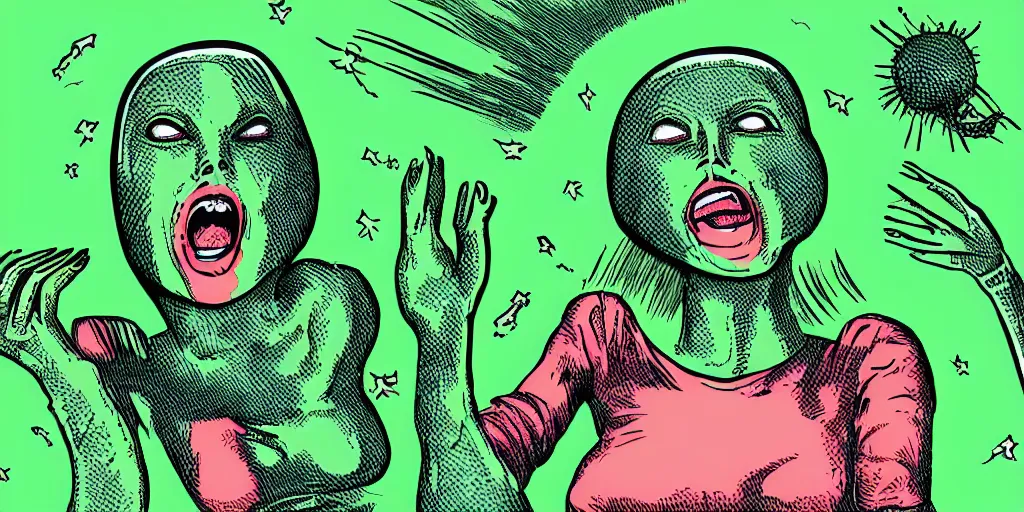 Prompt: apocalyptic ufo woman is screaming and crying after alien invasion on planet earth style in the year seventies, illustration, green color scheme