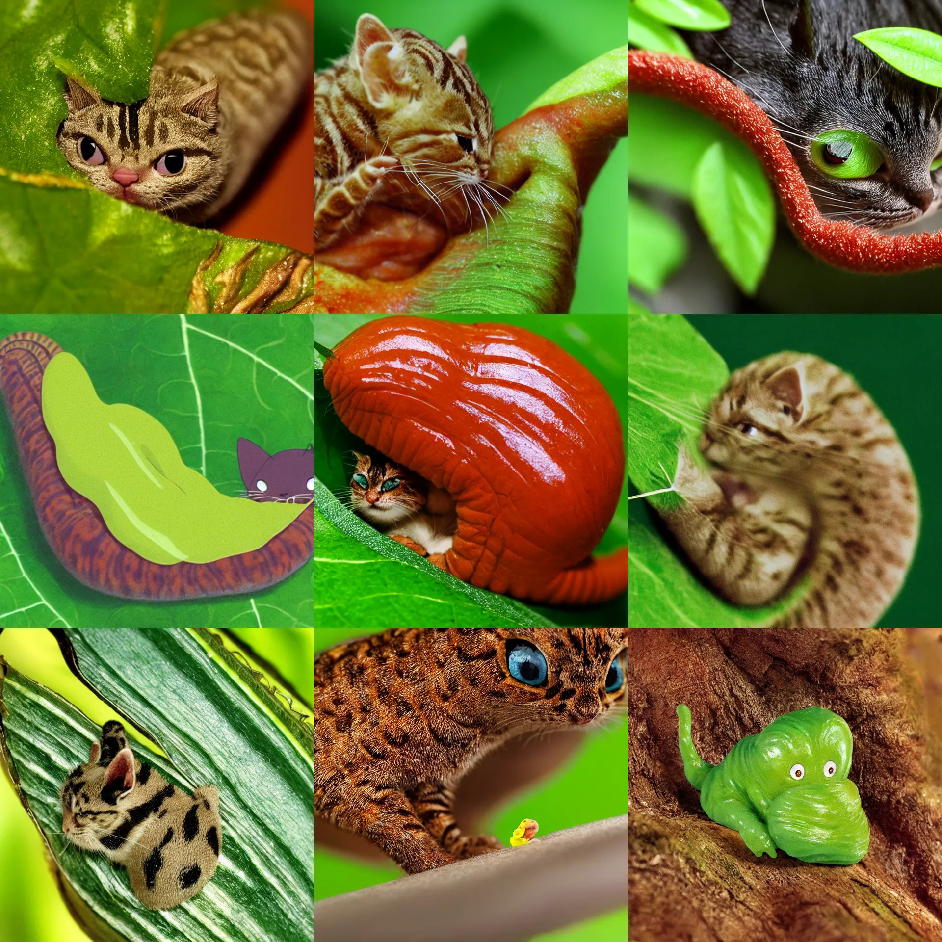 Prompt: slimy slug - kitten munching on a small leaf, close - up, vibrant, by studio ghibli, using the degrade technique