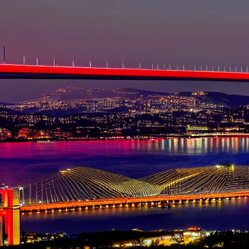 Image similar to two modern cities at night separated by a bay reflecting a red moon, connected by two bridges