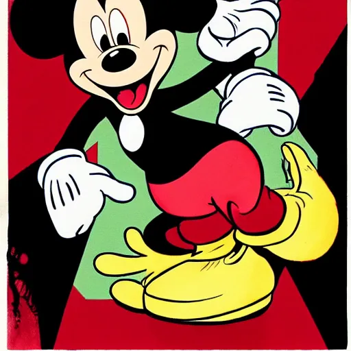 Prompt: mickey mouse but as shocking, gruesome horror version, by carl barks, marc davis and glen keane, disney style, watercolor
