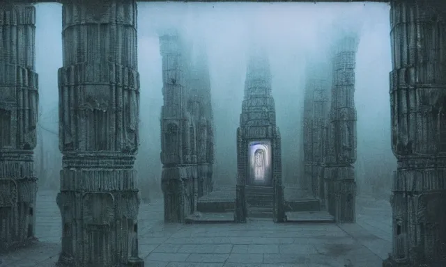 Image similar to a outside temple full of dark evil idol, landscape photograph taken by giger and beksinski and chaos and midnight sun and death fog and nightmare megacity