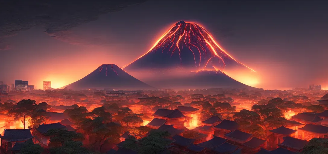 Image similar to view of an ancient japanese city at night, erupting volcanoes in the background, dramatic clouds, glowing fog, dramatic lighting, ultra detailed, sharp, ambient occlusion, raytracing, by greg rutowski, paul chadeisson and jessica rossier