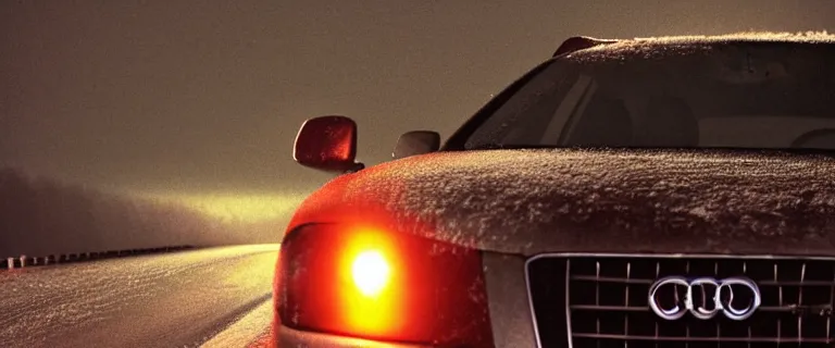 Image similar to Audi A4 B6 Avant (2002), a gritty neo-noir, Robot horror, dramatic bright lighting, cinematic, establishing shot, extremely high detail, photorealistic, cinematic lighting, artstation, by simon stalenhag, Snowy italian road, Snowy Apennines, At night, Poets of the Fall - Late Goodbye