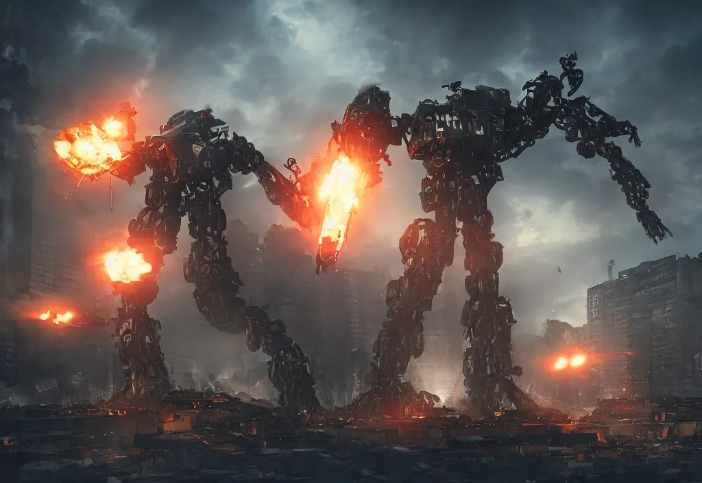 Image similar to mecha peronist destroying a city, photorealistic, film, cinematic lighting, octane tender, volumetric light, dark - art