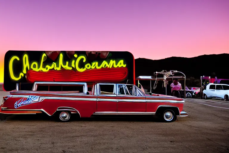 Prompt: clowncar at a california drive in, in 2 0 1 2, cutecore clowncore, bathed in the the glow of the sunset, low - light photograph, in style of tyler mitchell