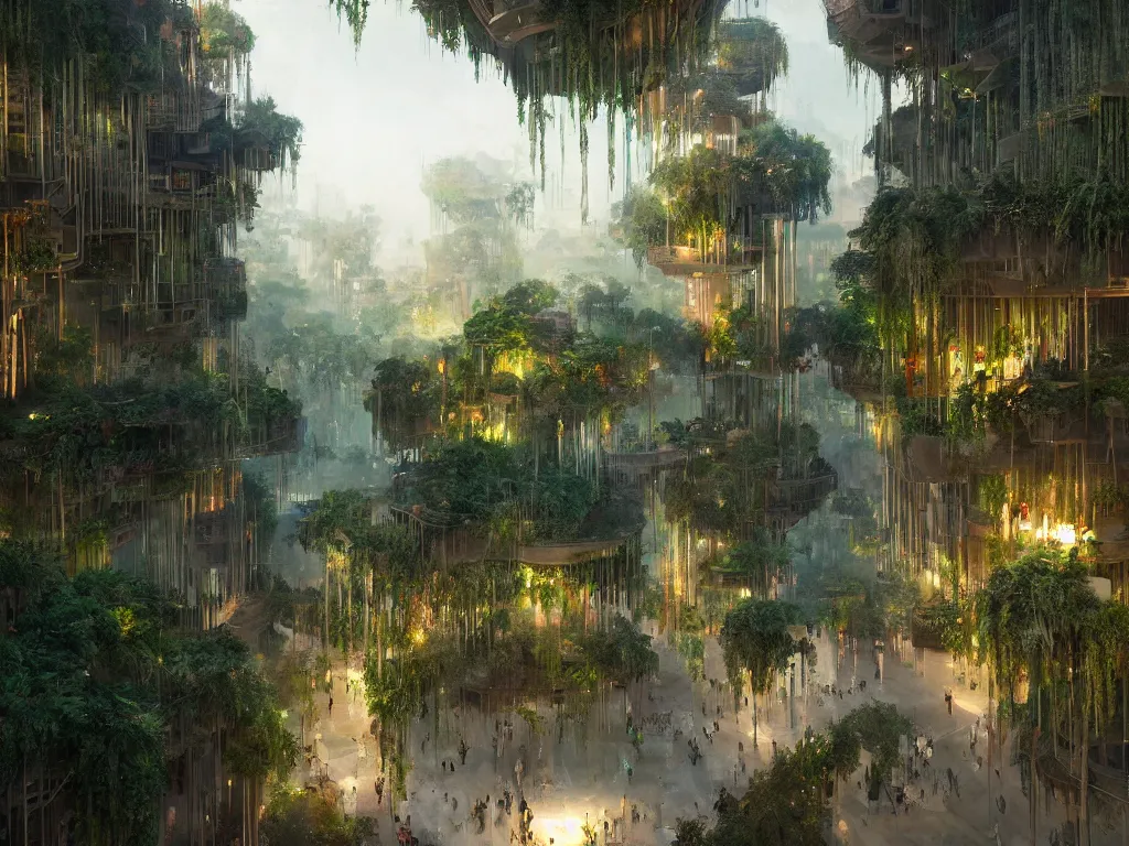 Image similar to the green city of babylon with its wonderful hanging gardens at dawn, intricate, elegant, volumetric lighting, digital painting, highly detailed, artstation, sharp focus, illustration, concept art, ruan jia, steve mccurry