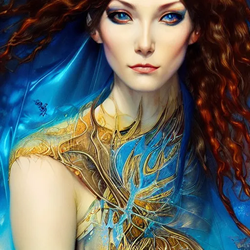 Image similar to a beautiful woman wearing a kaftan manipulating water by karol bak, ayami kojima, artgerm, river, water, blue eyes, smile, concept art, fantasy