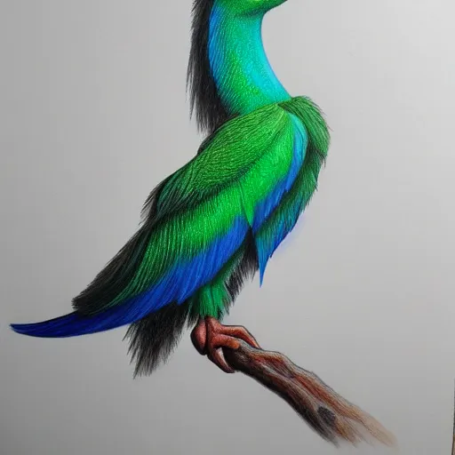 Image similar to a full body realistic coloured pencil drawing of a quetzal, realistic graphite, highly detailed, artstation, fine art, white background, by marcello barenghi