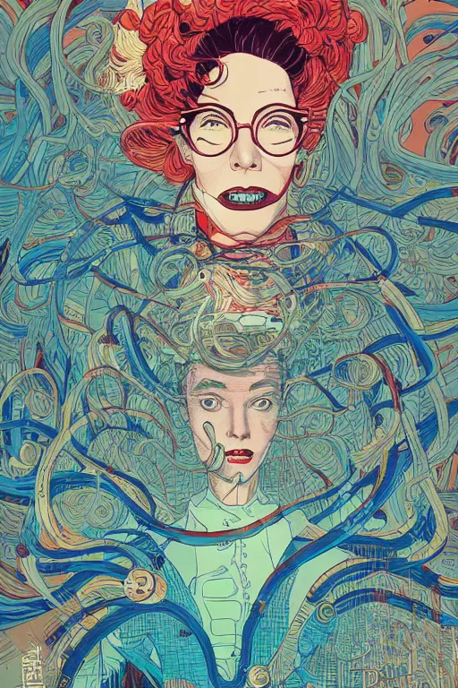 Image similar to portrait of mad lady scientist, stylized illustration by victo ngai, juan gimenez, colorful comics style,