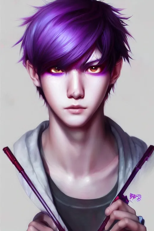 Image similar to gorgeous!!! hyper - realistic teenager boy with purple hair, purple eyes with red eye markets, wearing combat japanese clothes, holding a fan | drawn by wlop, drawn by jeehyung lee, drawn by artgerm | intricate, highly detailed, digital painting, character design, concept art, illustration, artstation