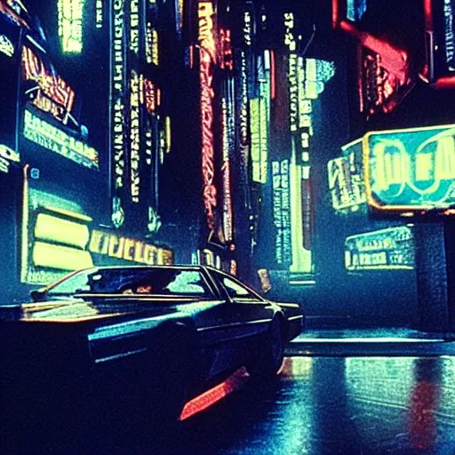 Prompt: film still from bladerunner, street scene, incredible lighting at night, neon street signs, flying cars, 1 9 8 0 s science fiction, vhs texture, astonishing details, film archive, screenshot from the movie bladerunner, incredible composition and camera work