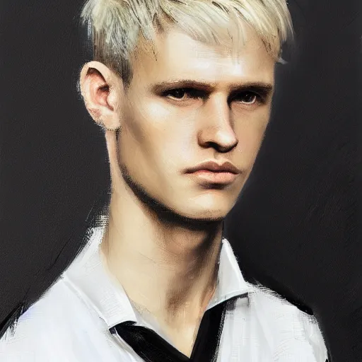 Image similar to Portrait of a man by Greg Rutkowski, he is about 20 years old, polish, short blonde hair with bangs, attractive, smart looking, slim, somewhat androgenic, he is wearing a white and black utilitarian jumpsuit, highly detailed portrait, scifi, digital painting, artstation, concept art, smooth, sharp foccus ilustration, Artstation HQ